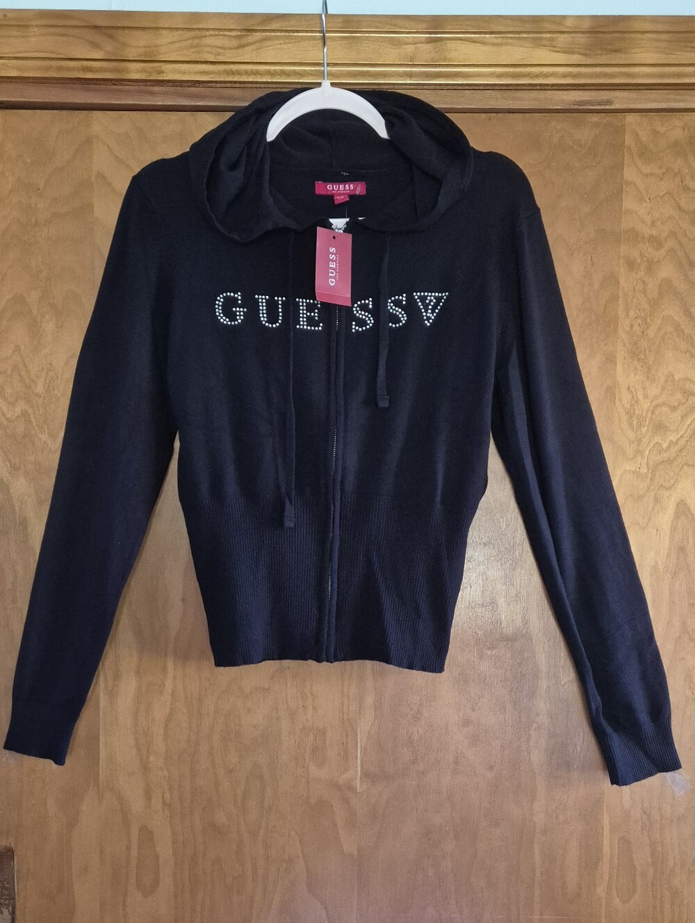 GUESS Black Rhinestone Logo Zip Hoodie